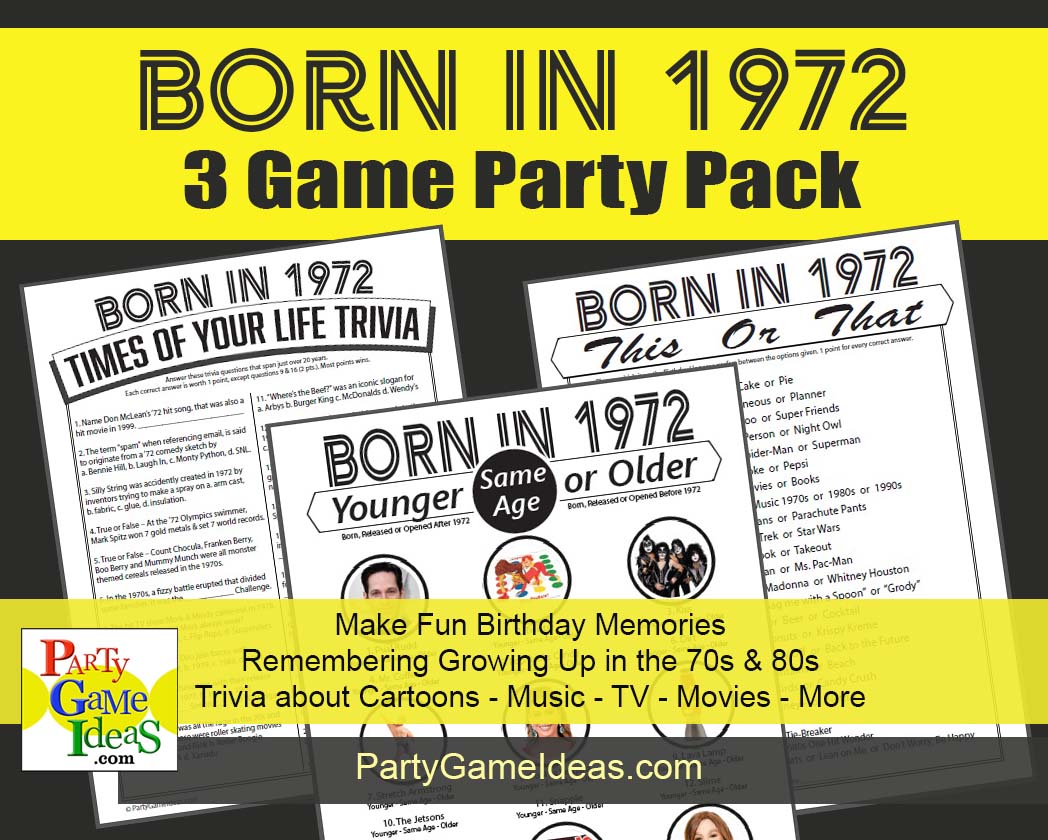 1972 Birthday Party Games, 3 Printable Trivia Games